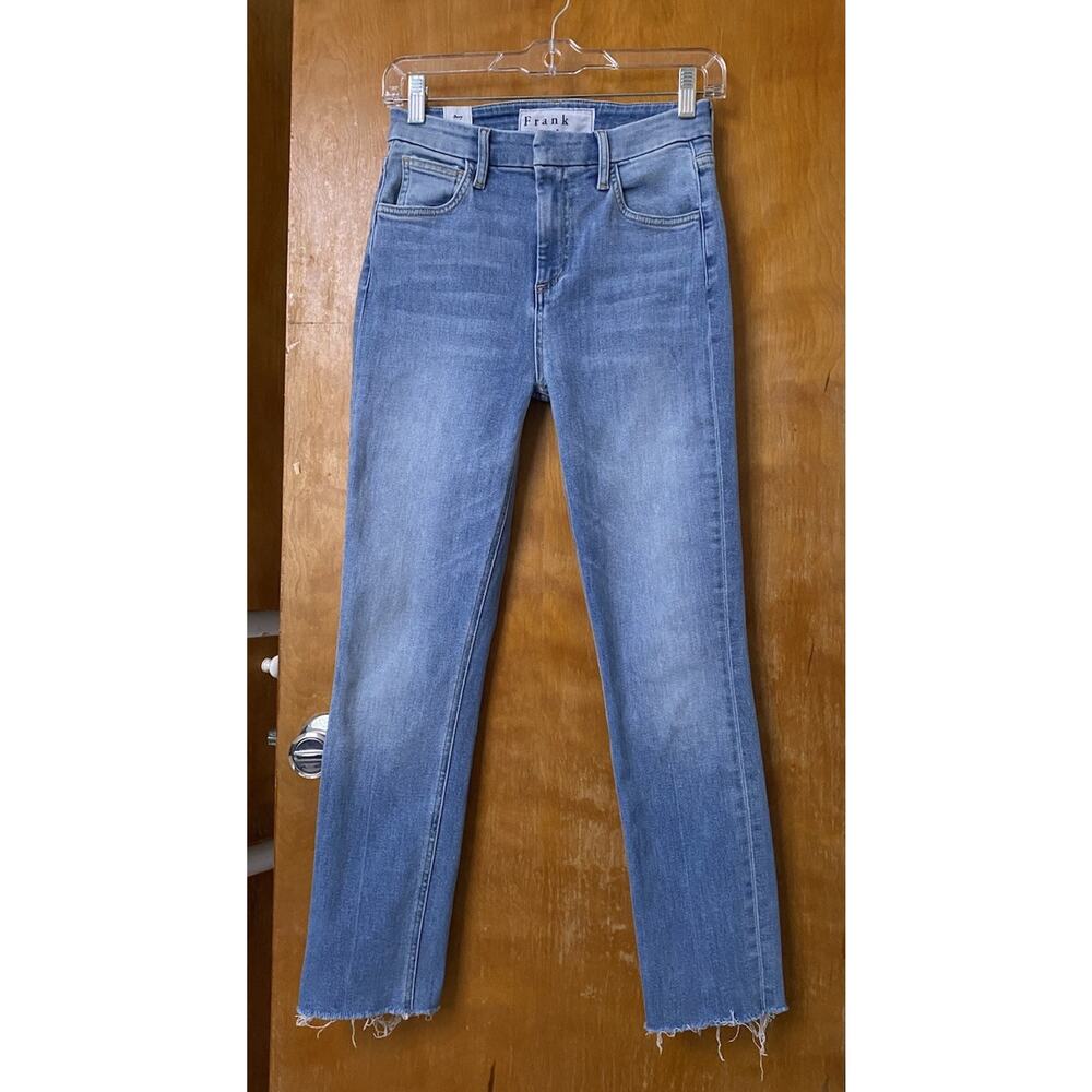Frank & Eileen Derry Illusion Light Blue Jeans Stretch Raw Ankle Hem Sz 25
